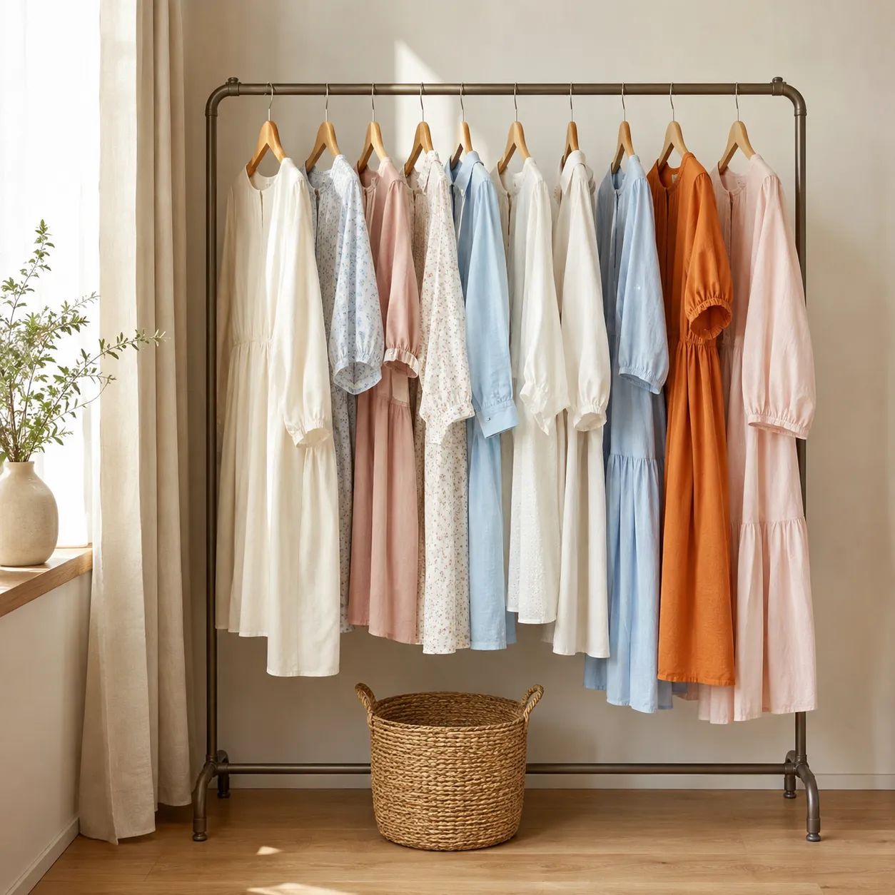ハンガーラックに並んだ、普段着に近い配信用の服