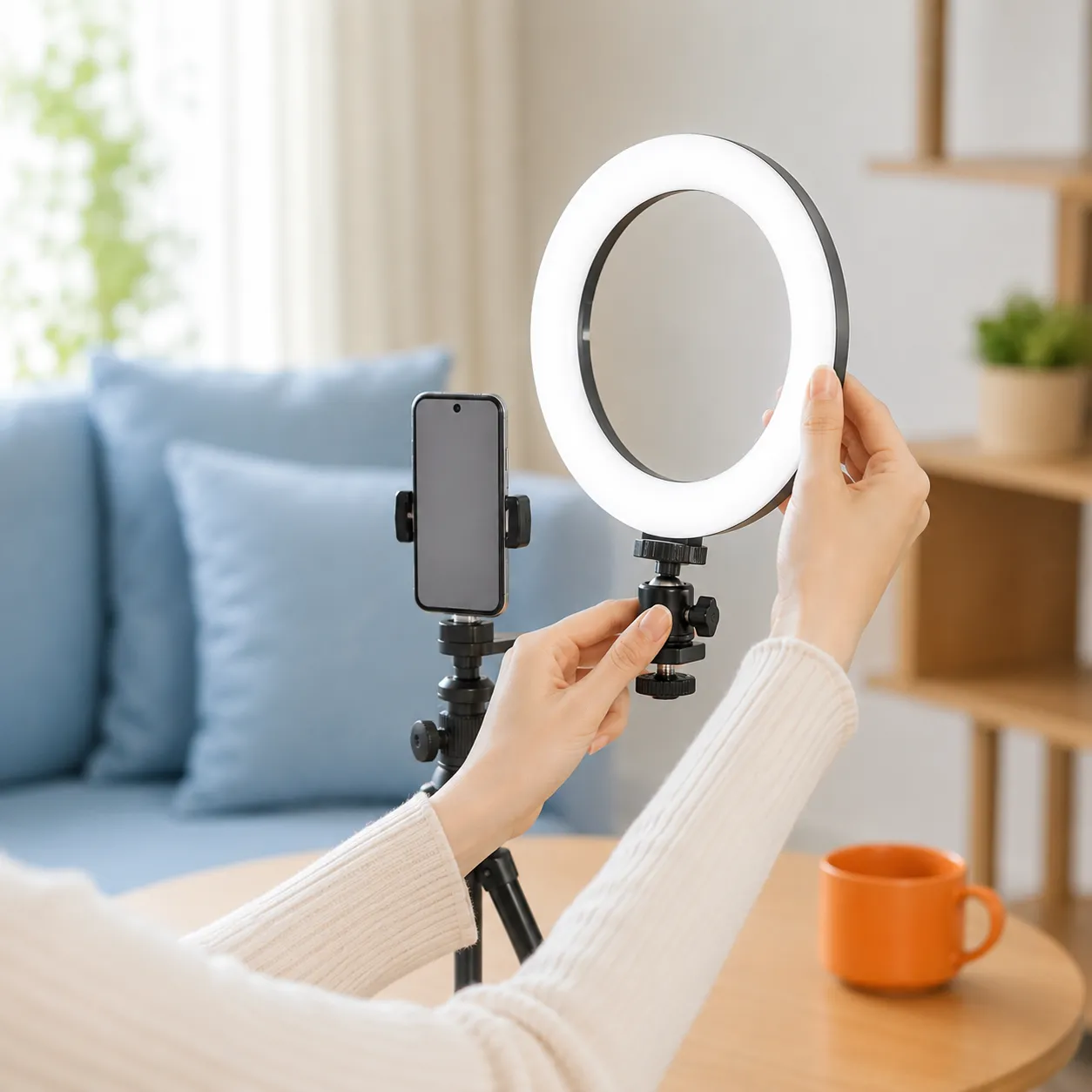 ひたちなか市在住・20代。自宅の配信環境でリングライトを調整している手元